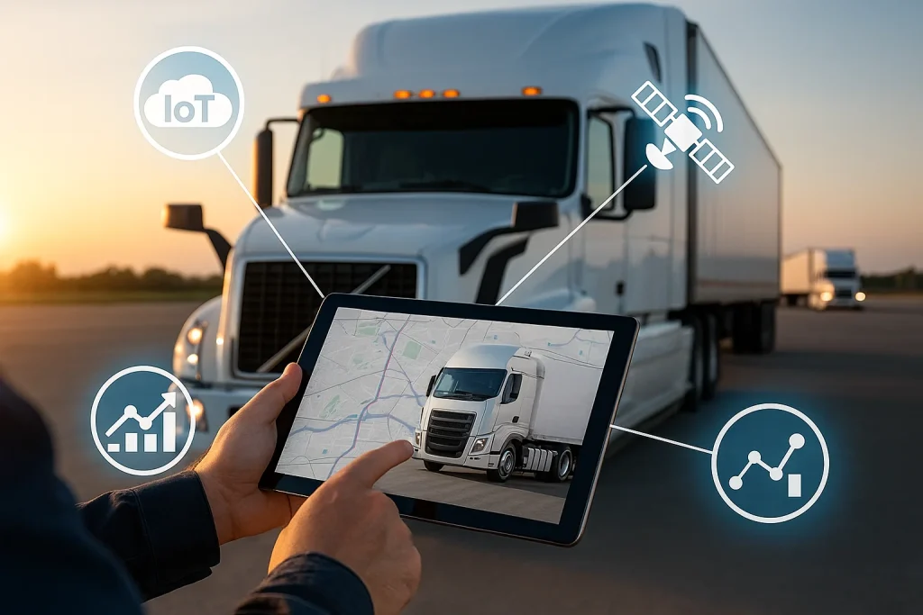 Цифровой экран с панелью мониторинга и иконками IoT-устройств в диспетчерском центре, отображающий данные автопарка, с грузовиками и диаграммами в футуристическом офисе